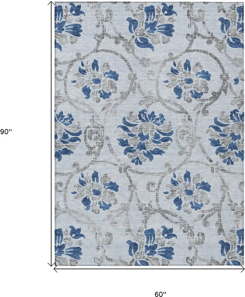 Sky Blue And Gray Floral Washable Indoor Outdoor Area Rug Photo 3