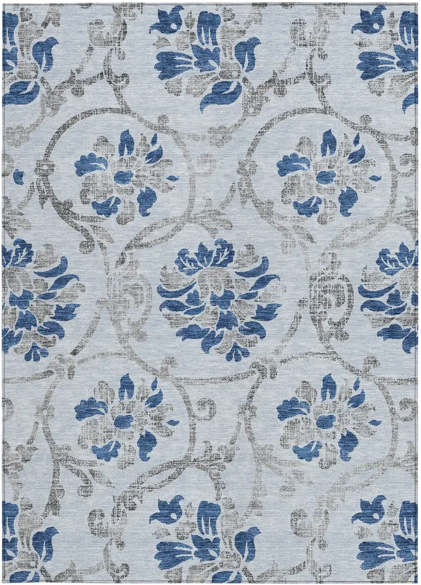 Sky Blue And Gray Floral Washable Indoor Outdoor Area Rug Photo 5