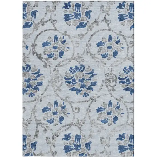 Sky Blue And Gray Floral Washable Indoor Outdoor Area Rug Photo 5