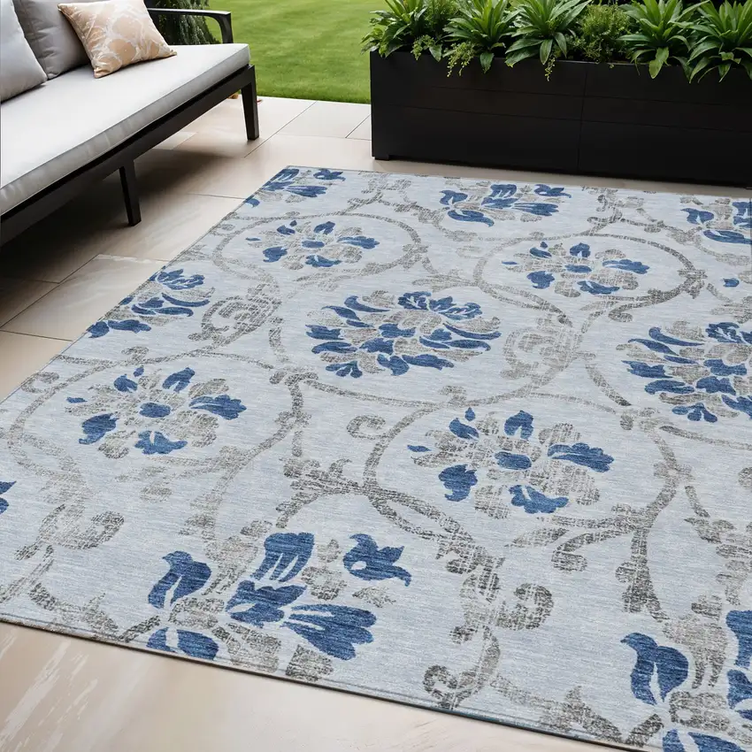 Sky Blue And Gray Floral Washable Indoor Outdoor Area Rug Photo 1