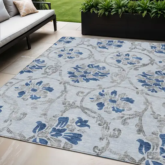Sky Blue And Gray Floral Washable Indoor Outdoor Area Rug Photo 1