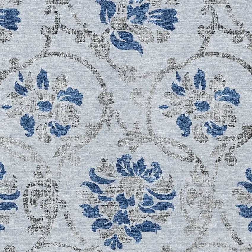 Sky Blue And Gray Floral Washable Indoor Outdoor Area Rug Photo 6