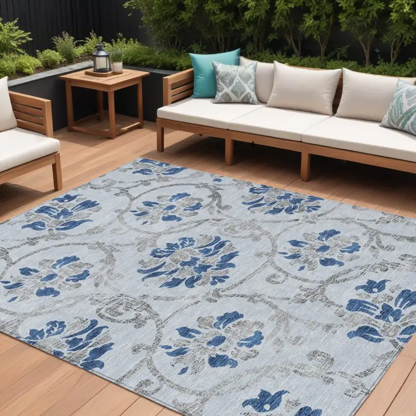 Sky Blue And Gray Floral Washable Indoor Outdoor Area Rug Photo 1