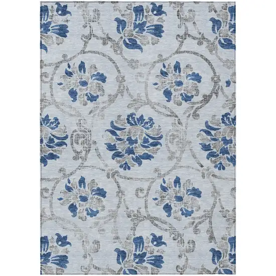 Sky Blue And Gray Floral Washable Indoor Outdoor Area Rug Photo 1