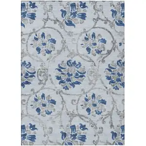 Photo of Sky Blue And Gray Floral Washable Indoor Outdoor Area Rug