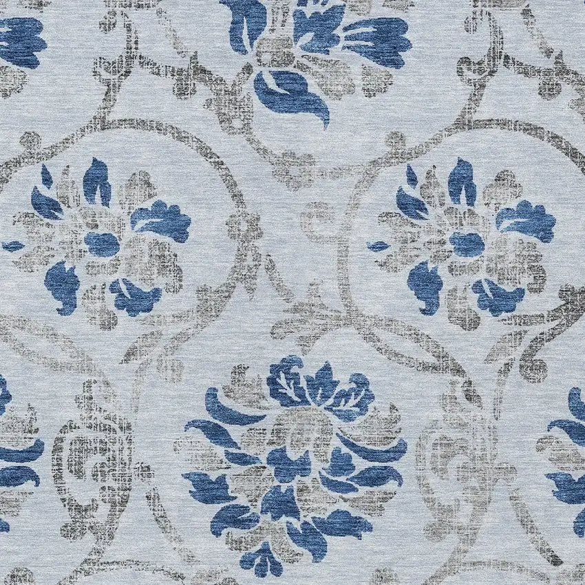 Sky Blue And Gray Floral Washable Indoor Outdoor Area Rug Photo 4