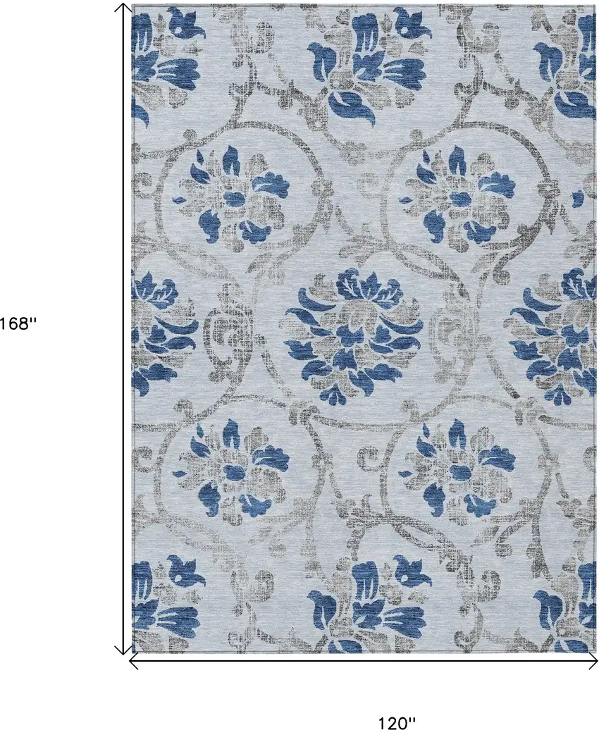 Sky Blue And Gray Floral Washable Indoor Outdoor Area Rug Photo 3