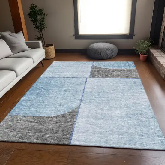 Sky Blue And Gray Geometric Washable Area Rug With UV Protection Photo 6