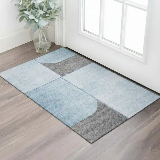 Sky Blue And Gray Geometric Washable Area Rug With UV Protection Photo 1