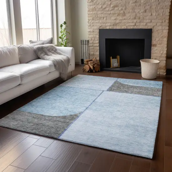 Sky Blue And Gray Geometric Washable Area Rug With UV Protection Photo 5