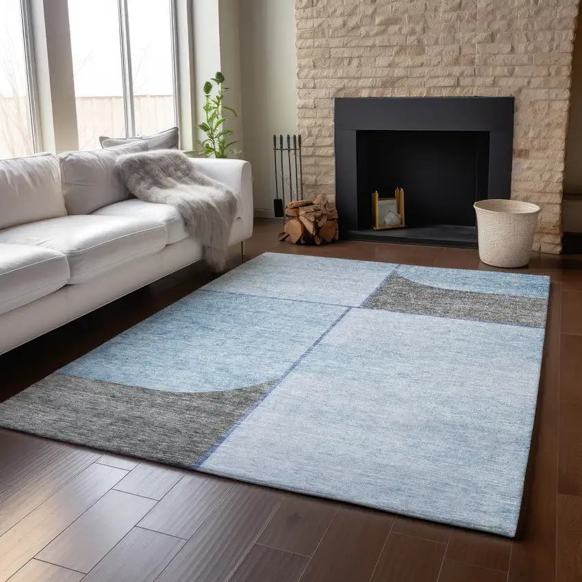 Sky Blue And Gray Geometric Washable Area Rug With UV Protection Photo 5