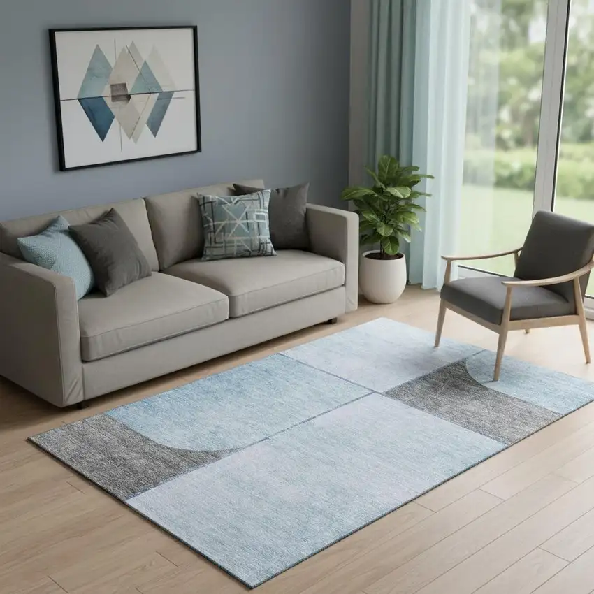 Sky Blue And Gray Geometric Washable Area Rug With UV Protection Photo 1