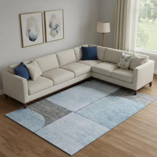 Sky Blue And Gray Geometric Washable Area Rug With UV Protection Photo 1