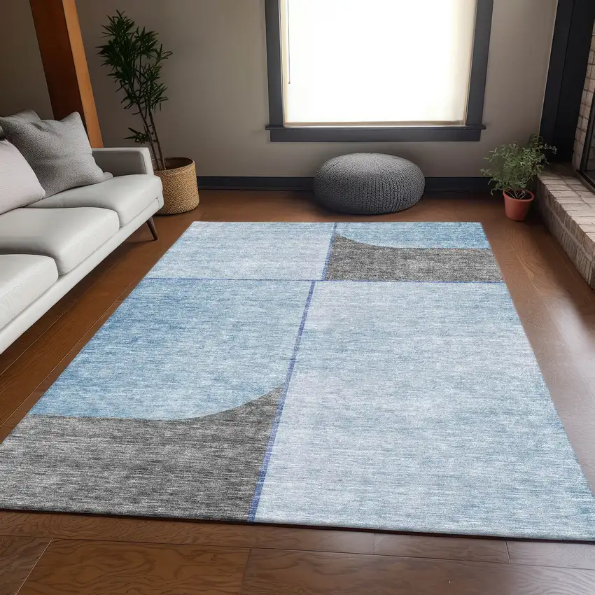 Sky Blue And Gray Geometric Washable Area Rug With UV Protection Photo 4