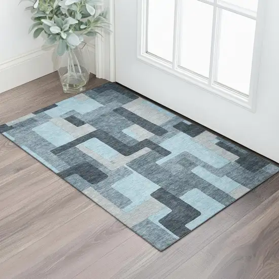 Sky Blue And Gray Geometric Washable Area Rug With UV Protection Photo 2