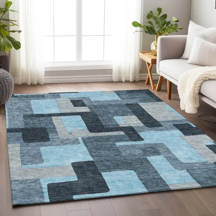 Sky Blue And Gray Geometric Washable Area Rug With UV Protection Photo 4