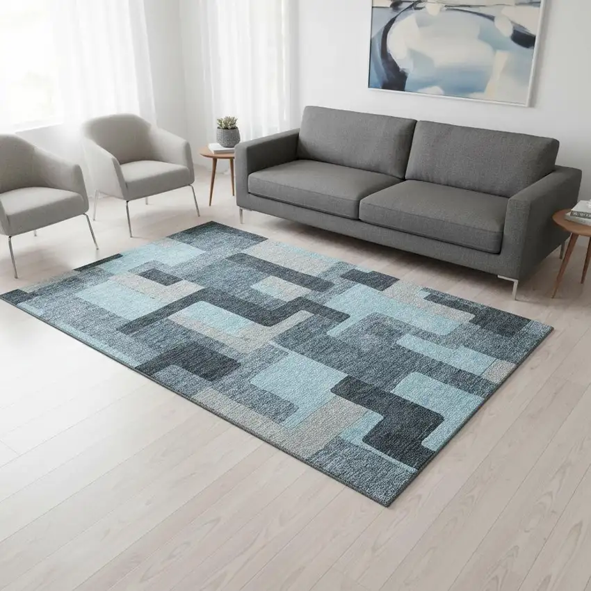 Sky Blue And Gray Geometric Washable Area Rug With UV Protection Photo 2