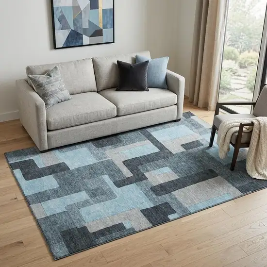 Sky Blue And Gray Geometric Washable Area Rug With UV Protection Photo 1