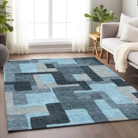 Sky Blue And Gray Geometric Washable Area Rug With UV Protection Photo 4
