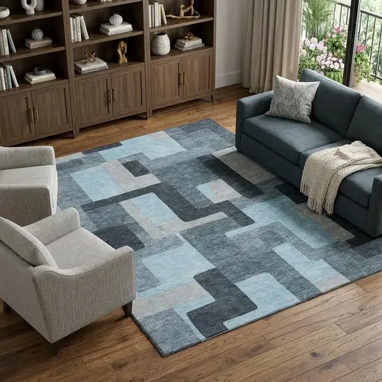 Sky Blue And Gray Geometric Washable Area Rug With UV Protection Photo 1