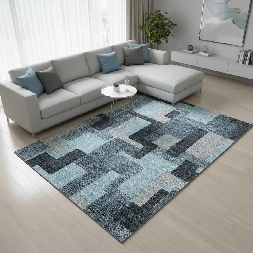 Sky Blue And Gray Geometric Washable Area Rug With UV Protection Photo 2