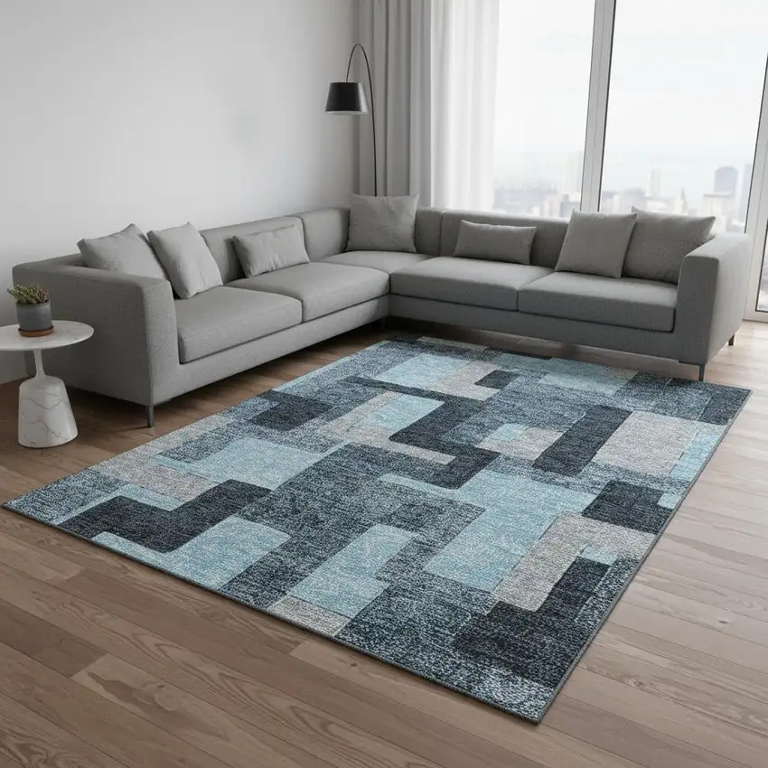 Sky Blue And Gray Geometric Washable Area Rug With UV Protection Photo 2