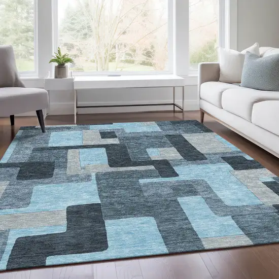 Sky Blue And Gray Geometric Washable Area Rug With UV Protection Photo 5