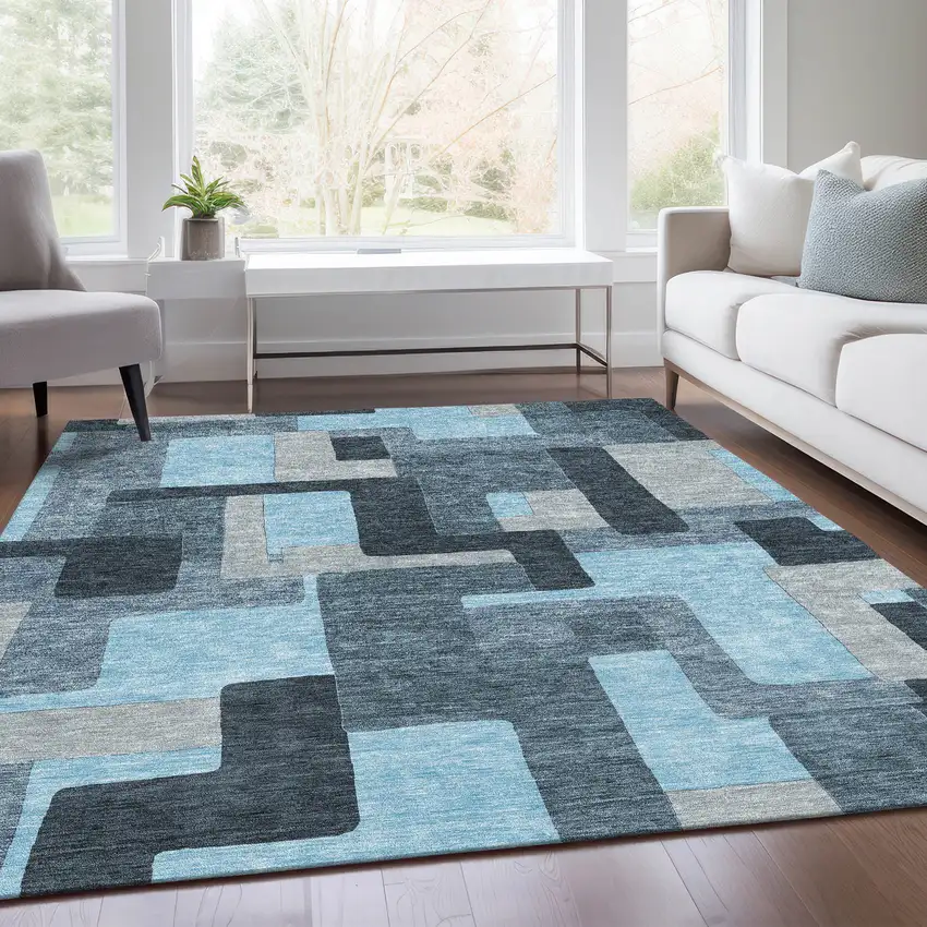 Sky Blue And Gray Geometric Washable Area Rug With UV Protection Photo 5