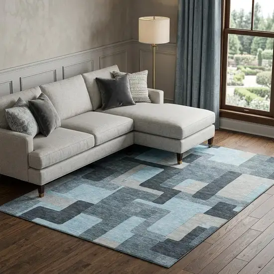 Sky Blue And Gray Geometric Washable Area Rug With UV Protection Photo 1