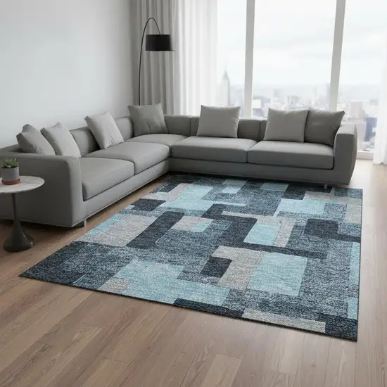 Sky Blue And Gray Geometric Washable Area Rug With UV Protection Photo 2