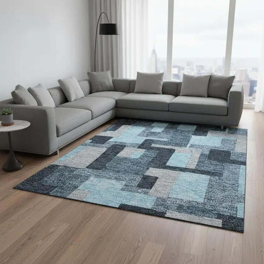 Sky Blue And Gray Geometric Washable Area Rug With UV Protection Photo 2