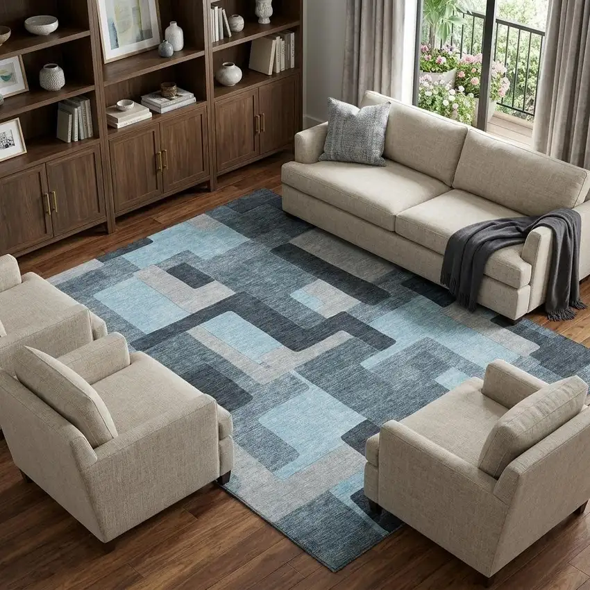 Sky Blue And Gray Geometric Washable Area Rug With UV Protection Photo 1