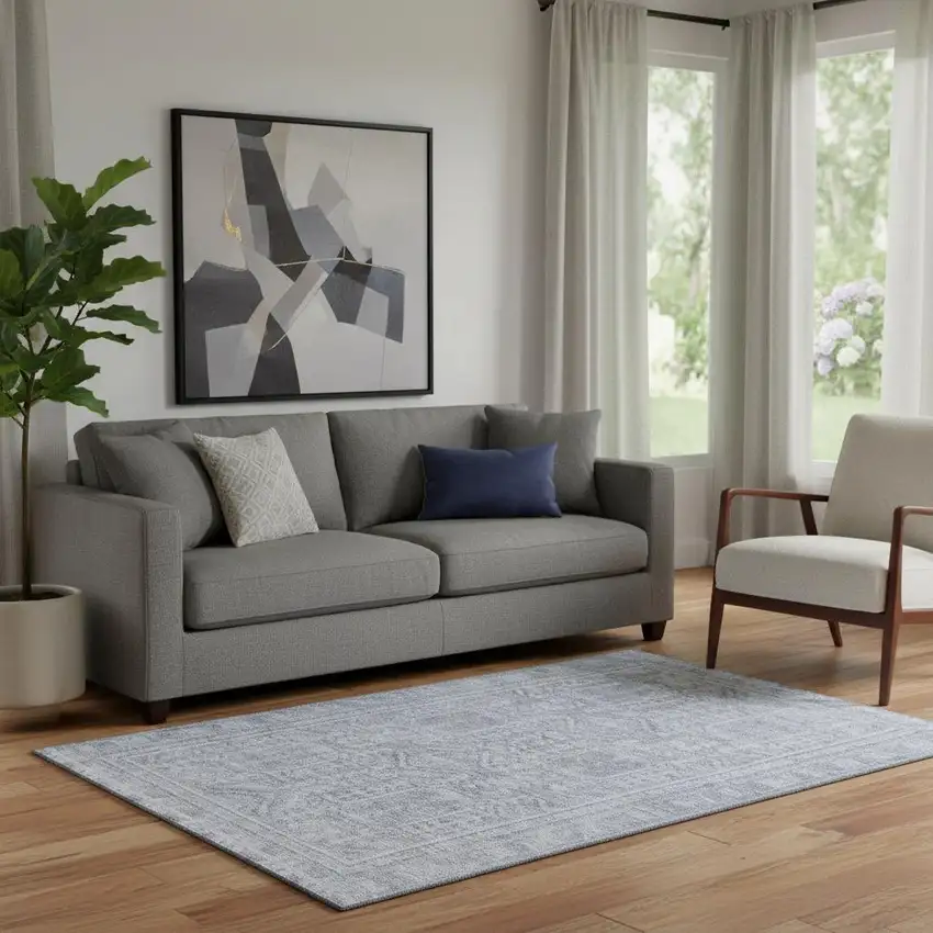 Sky Blue And Gray Geometric Washable Area Rug With UV Protection Photo 2