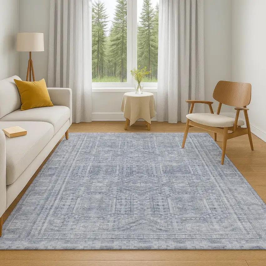 Sky Blue And Gray Geometric Washable Area Rug With UV Protection Photo 6