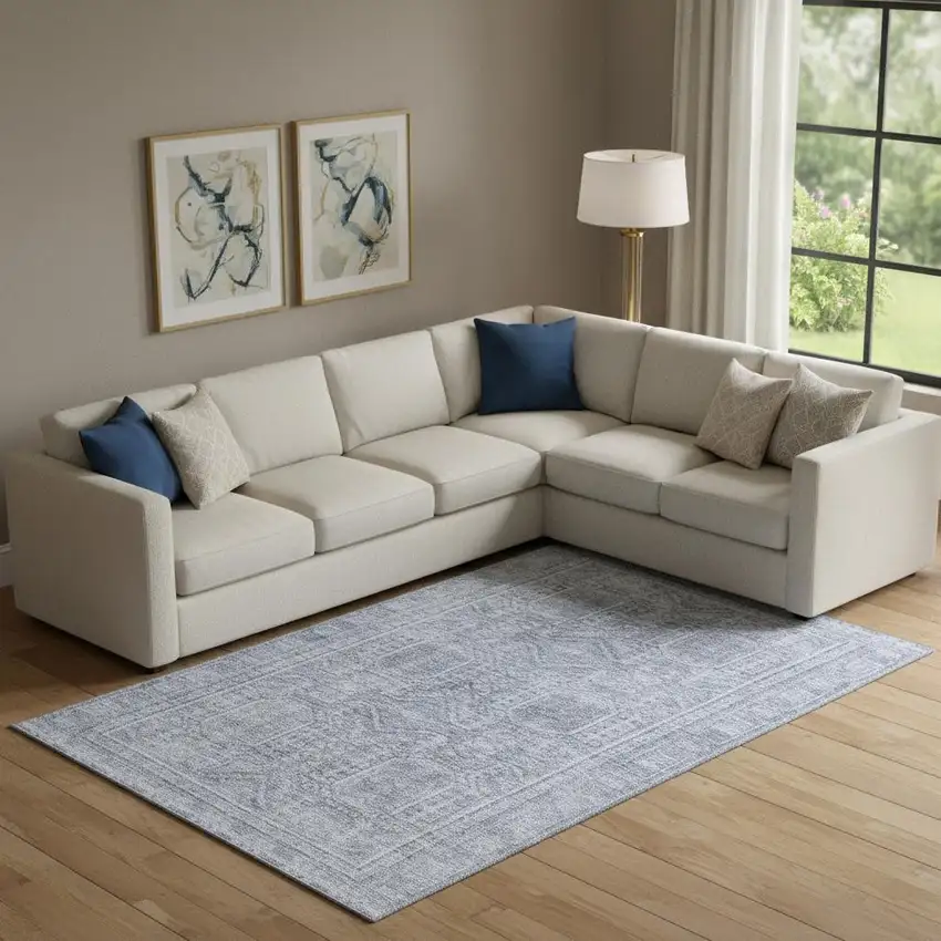 Sky Blue And Gray Geometric Washable Area Rug With UV Protection Photo 2