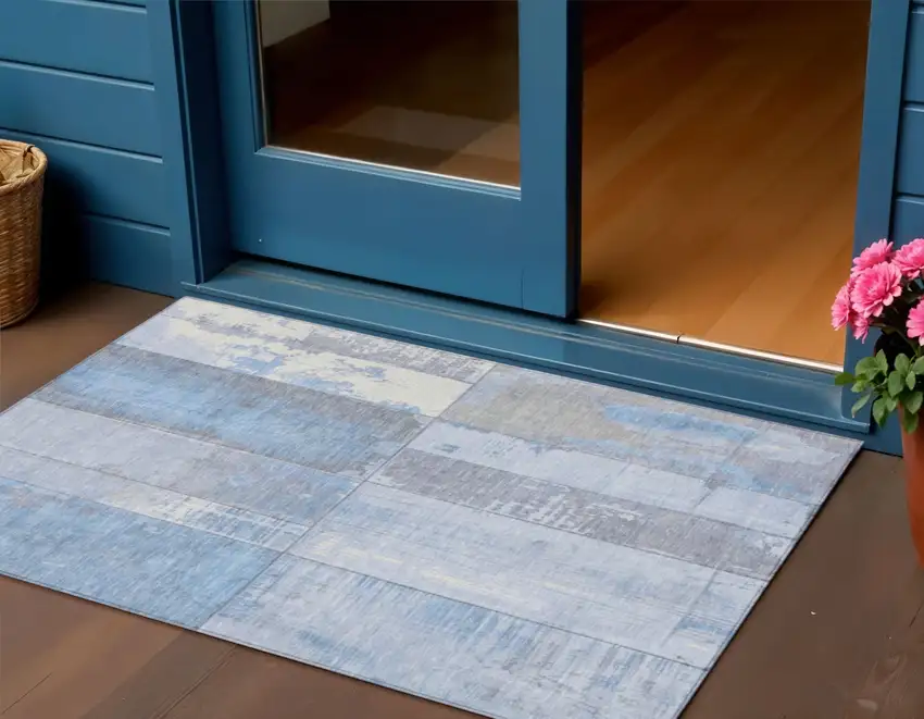 Sky Blue And Gray Geometric Washable Indoor Outdoor Area Rug Photo 2
