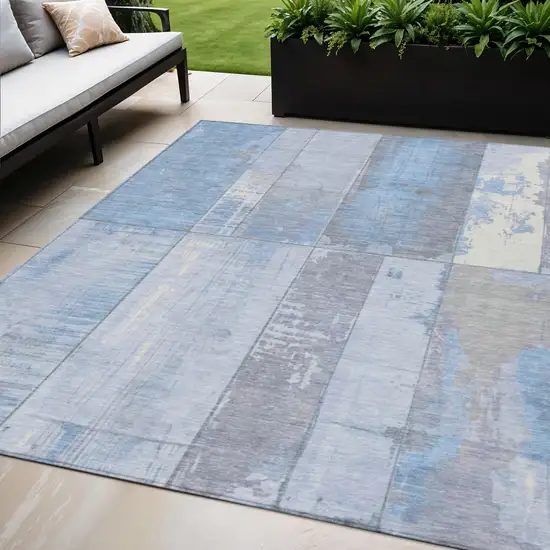 Sky Blue And Gray Geometric Washable Indoor Outdoor Area Rug Photo 2