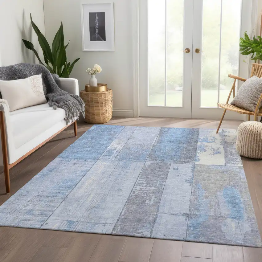 Sky Blue And Gray Geometric Washable Indoor Outdoor Area Rug Photo 7