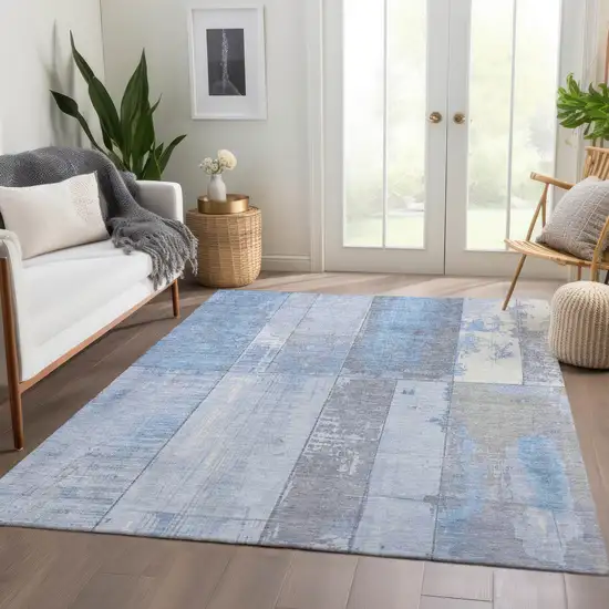 Sky Blue And Gray Geometric Washable Indoor Outdoor Area Rug Photo 6