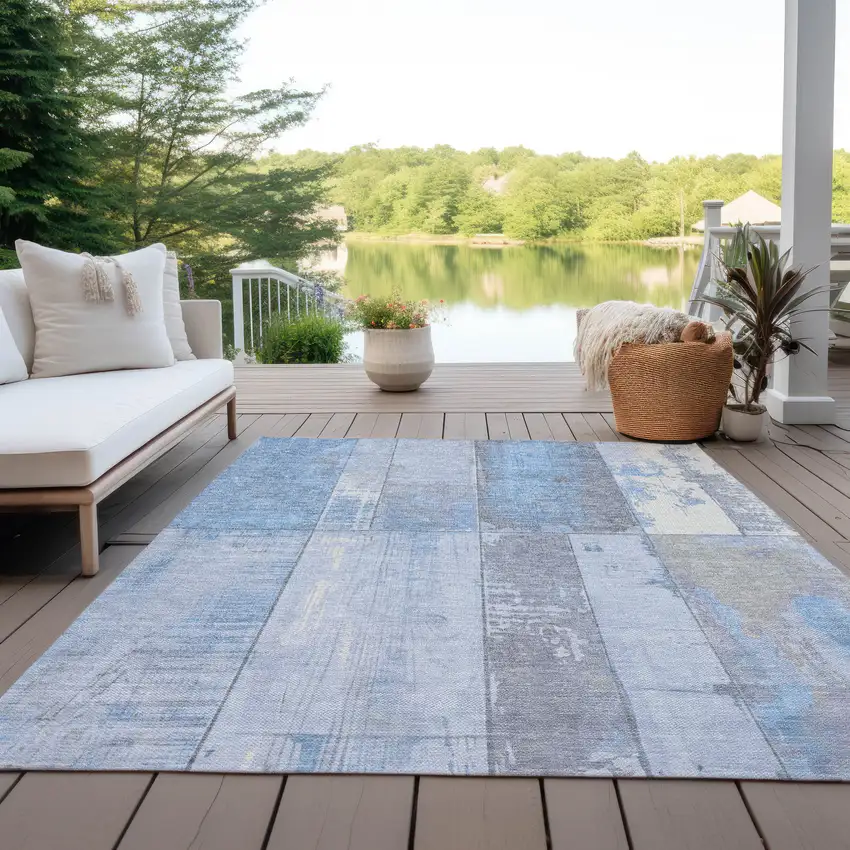 Sky Blue And Gray Geometric Washable Indoor Outdoor Area Rug Photo 4