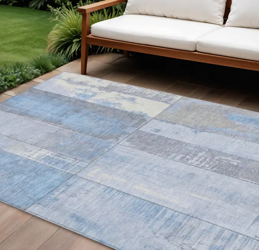 Sky Blue And Gray Geometric Washable Indoor Outdoor Area Rug Photo 2
