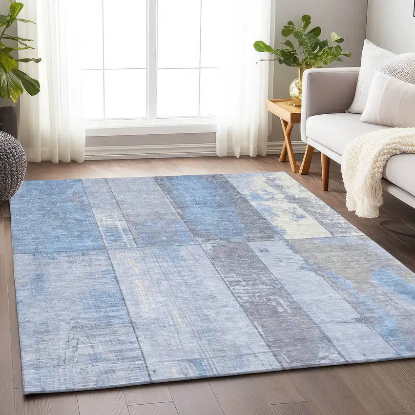 Sky Blue And Gray Geometric Washable Indoor Outdoor Area Rug Photo 5