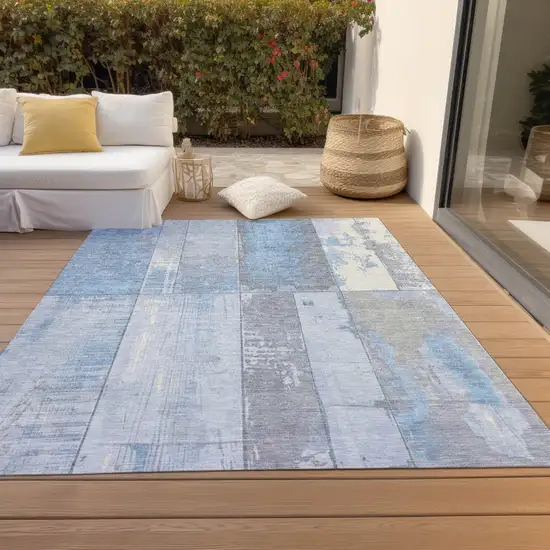 Sky Blue And Gray Geometric Washable Indoor Outdoor Area Rug Photo 7