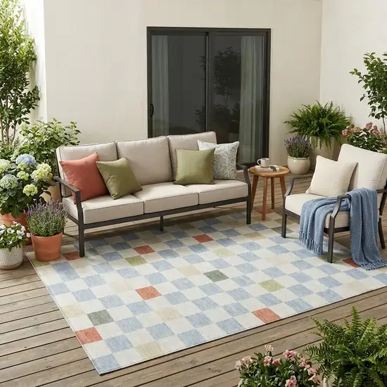 Sky Blue And Gray Geometric Washable Indoor Outdoor Area Rug Photo 1