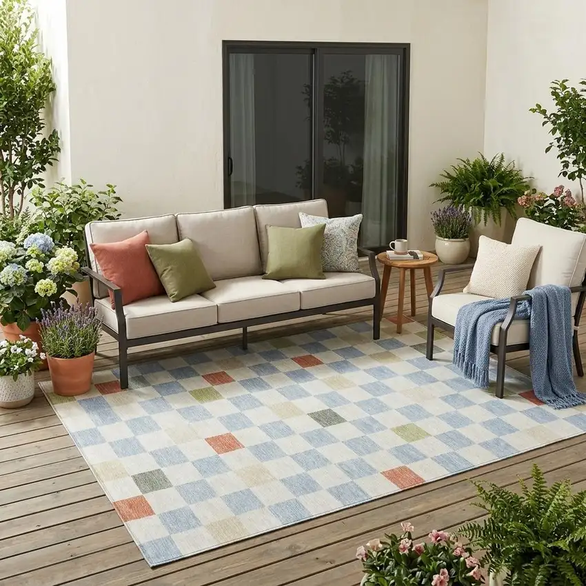 Sky Blue And Gray Geometric Washable Indoor Outdoor Area Rug Photo 1
