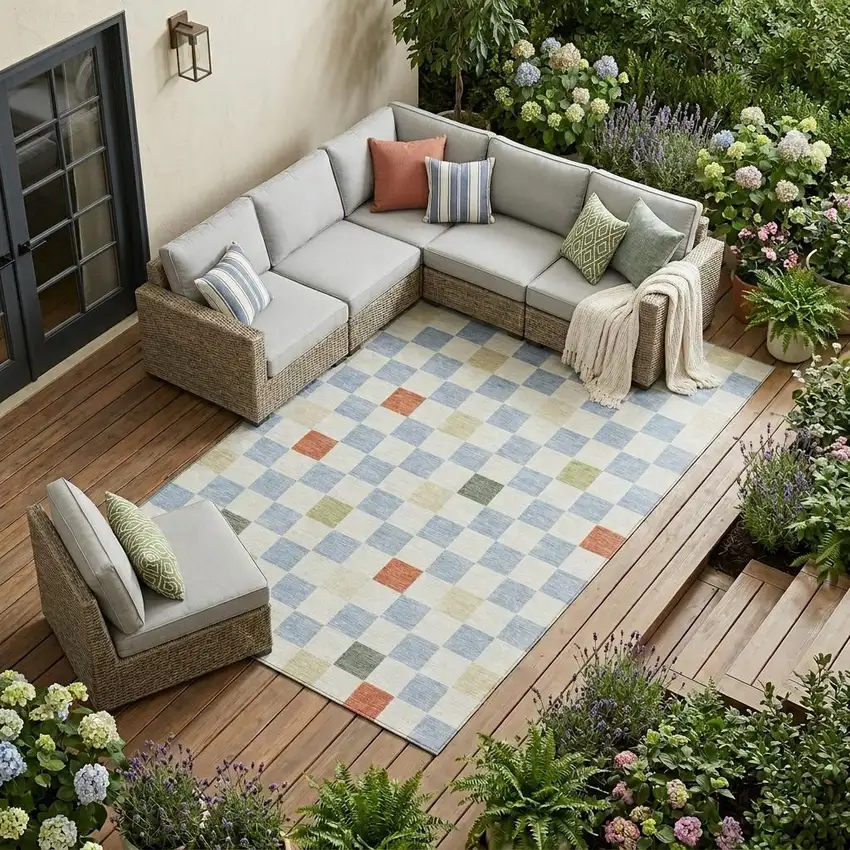 Sky Blue And Gray Geometric Washable Indoor Outdoor Area Rug Photo 1