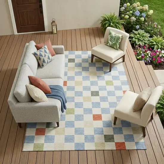 Sky Blue And Gray Geometric Washable Indoor Outdoor Area Rug Photo 1