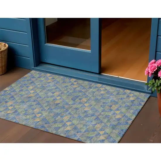 Sky Blue And Gray Geometric Washable Indoor Outdoor Area Rug Photo 1