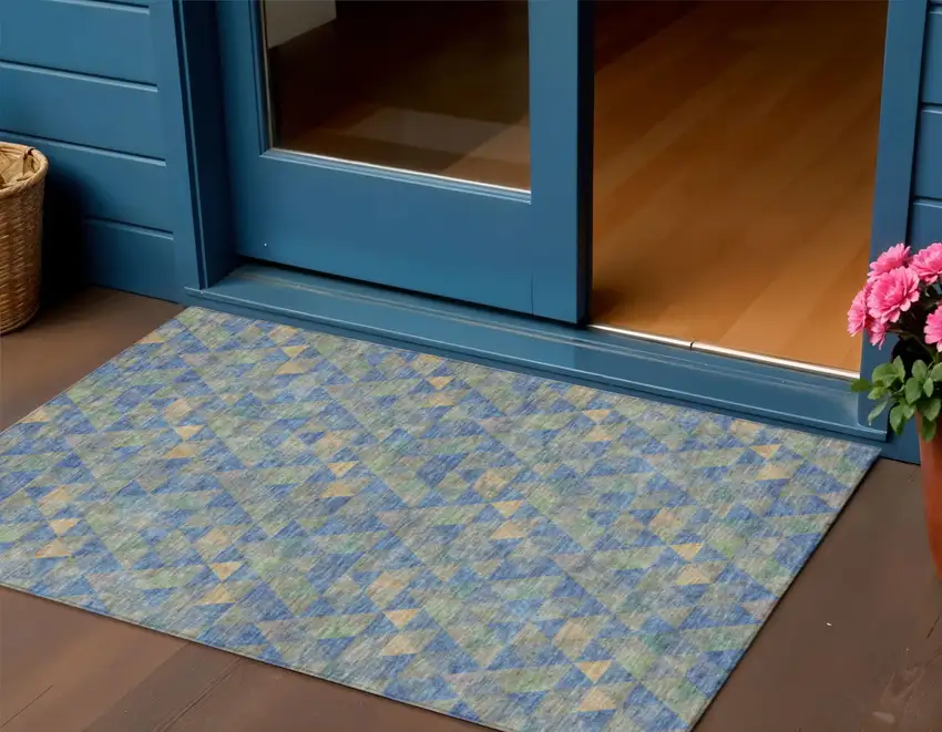 Sky Blue And Gray Geometric Washable Indoor Outdoor Area Rug Photo 1
