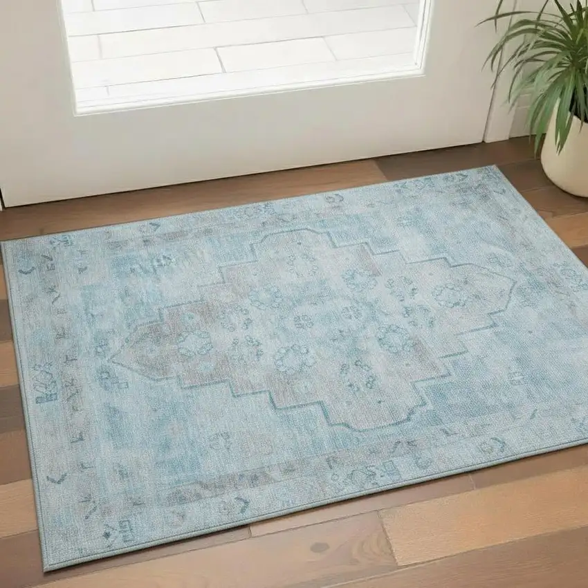 Sky Blue And Gray Medallion Washable Area Rug With UV Protection Photo 2